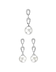 14K White Gold 0.11 cttw Stylish Two Drops Prong Set Diamond and White Pearl Set