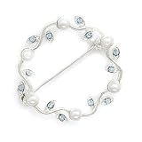 Wavy Circle Fashion Pin with Blue Crystals and White Simulated Pearls