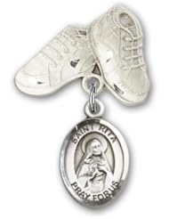 Sterling Silver Baby Badge with St. Rita Baseball Charm and Baby Boots Pin