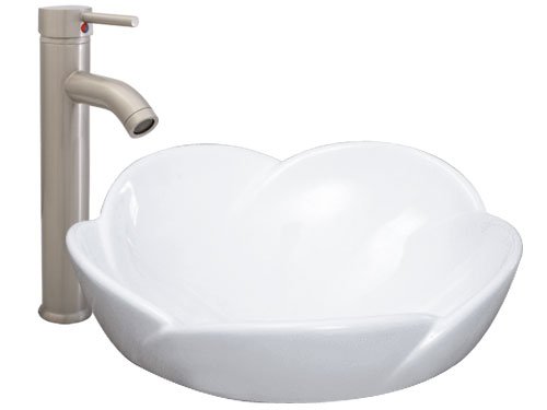 Ticor White Porcelain Vessel Sink Single Bowl Bathroom Sink and Brushed Nickel Bathroom Faucet Combo