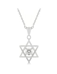 Alexander James White Gold Rhodium Bonded Star of David with a Prong Set Round Cut Clear CZ centered in Silvertone Chain Included