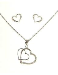 kala-isjewels - Silver Sterling Ladies CZ "Double Hearts" Pendant(0,94") and Earrings Set and Chain (17,71" ).