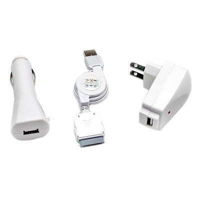 Apple Iphone Ipod Charger, Nano 3 in 1 Kits USB Ac Power Adapter + USB Car Power Charger + USB Sync Cable