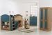 FURNITURE IMPORTS PINE & BLUE MIDSLEEPER CABIN BED, WITH CHEST OF DRAWERS, PULL OUT DESK AND BOOKCASE