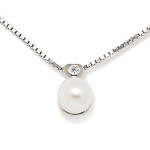 Vintage Collier Femme en Or 18 carats Blanc avec Perle de Culture et Diamant H/SI, Cm 42, 5.6 Grammes