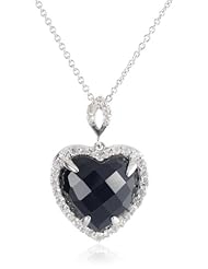 Sterling Silver Onyx and Created White Sapphire Heart Pendant Necklace, 18"