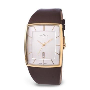 Skagen Denmark Mens Watch Big Date on Brown Leather #567LGLD1