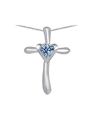 Original Star K (tm) Cross Love Pendant with 6mm Heart Shape Simulated Aquamarine in 925 Sterling Silver