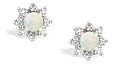 14K White Gold Genuine Round Opal and Diamond Star Earrings