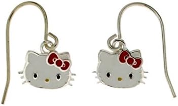 Hello Kitty Sterling Silver Dangle Head W/Enameled Bow Drop Earrings Sanrio