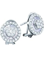 14k White Gold Round & Baguette Natural Diamond Cluster Womens Ladies French-clip Leverback Fashion Earrings - 1.10 Ct.t.w.