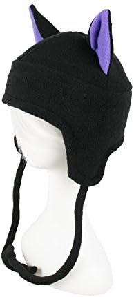 Black Fleece Cat Hat with Purple Inner Ears Super Cute Anime Aviator Style Adult Sized