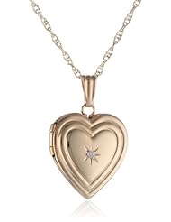14k Yellow Gold Embossed Polished Heart Locket with Genuine Diamond Necklace, 18"