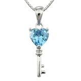 Aquamarine Cubic Zirconia Heart Key CAREFREE Sterling Silver Pendant Necklace 18"