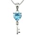 Aquamarine Cubic Zirconia Heart Key CAREFREE Sterling Silver Pendant Necklace