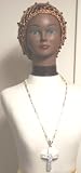 Hand Crocheted Bronze Color Metallic Gimp Large Snood for Women Trimmed with Fire Polished Black Color Beads Offered in Combination with Sterling Silver Long Chain Charm Necklace with Cross Pendant