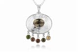 14K White Gold Matte and Hammered-Finish Hand-Crafted Designer Pendant, Centered with a Smokey Topaz Semi-Precious Color Stone and Dangling with Multi-Colored Semi-Precious Stones.