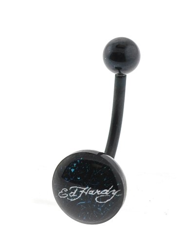 Genuine Ed Hardy Anodized Black Belly Ring - Ed Hardy Logo in 10mm - 14 Gauge - 5mm Ball - Sold Individually