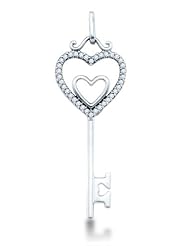 10K White Gold Key Heart Channel Set Round Diamond Pendant - (1/10 cttw)