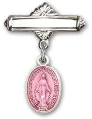 Sterling Silver Baby Badge with Pink Miraculous Charm and Polished Badge Pin
