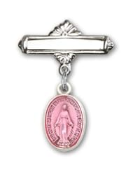 Sterling Silver Baby Badge with Pink Miraculous Charm and Polished Badge Pin