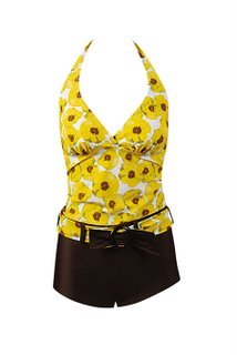Womens Marina West 2 Piece Yellow Floral Print Tankini with Brown Boyshorts Swimsuit