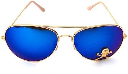 Iceman Aviators Sunglasses, Blue Mirrored Lenses, Gold Frames, Gold Skull Bones Charm