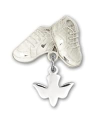 Sterling Silver Baby Badge with Holy Spirit Charm and Baby Boots Pin