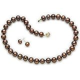 14k, 9-10mm Chocolate Pearl Earrings and Necklace Set