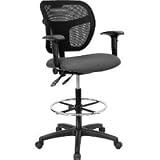 Gray Fabric and Mesh Drafting Stool with Arms [WL-A7671SYG-GY-AD-GG]