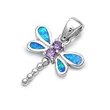 Sterling Silver Pendant in Lab Opal - Dragonfly - Pendants Height: 20mm