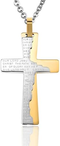Vmculb Men's Stainless Steel Jewellery Pendant Necklaces Cross Jesus Crucifix Lord Prayer 53x33MM Gold