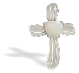 14K White Gold Genuine Heart Opal Cross Pendant