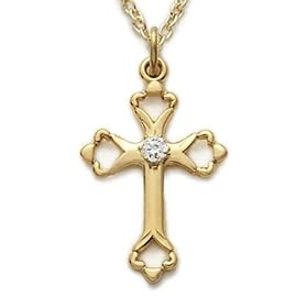 3/4" 14K Gold Filled Cross Necklace with Pierced Ends & Cubic Zirconia Stone on 18" Chain