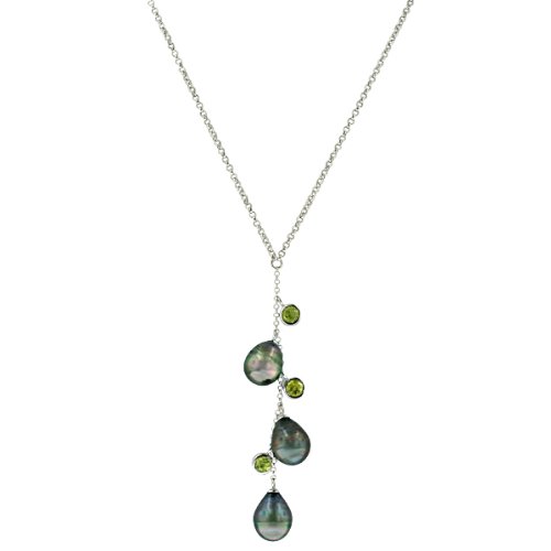 Sterling Silver Tahitian Cultured Drop Pearl and Diamond Cut Peridot "Y" Chain Necklace (8-9mm), 16+3"