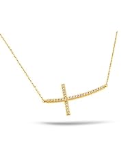 Sterling Silver Gold Plated Sideways 1.5 Inch Curved Cz Cross Necklace 16 Inch Plus 1 Inch Adjustable Chain