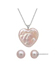 Sterling Silver and 8-9mm Button Pink Freshwater Pearl Stud Earring and Mother of Pearl Heart Pendant Set, Gift Box
