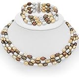 Multi colored Trple Pearl Necklace and Bracelet Set