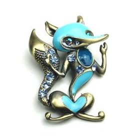 Blue Color Austrian Rhinestone Fox Brass-Tone Brooch Pin: Jewelry
