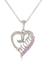 Sterling Silver Created Pink Sapphire with Diamond Heart Mom Pendant Necklace, 18"