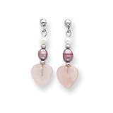 14k White Gold Cultured Pearl Rose Quartz Heart Dangle Post Earrings