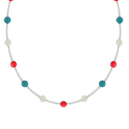 Sterling Silver Genuine Bamboo Pink Coral, Genuine Mother of Pearl, and Reconstituted Blue Turquoise Bar & Bead Necklace