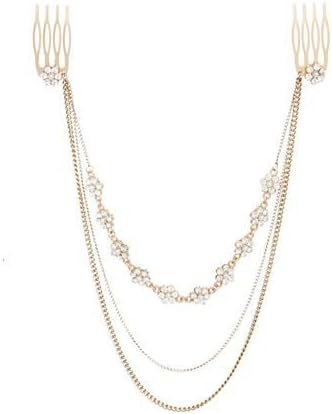 Beauty Wig World Women Retro Pearl Rhinestone Chic Hair Cuff Head Band Chains 2 Combs Tassel Flower Alloy Head Piece