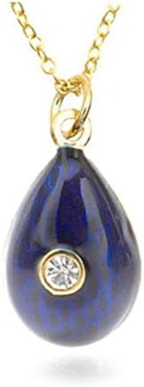 Gold Plated Swarovski Crystal Blue Enameled Russian Faberge Egg Pendant Necklace Museum Jewelry, 18"