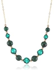 Malachite Bead, Faceted Round Emerald Swarovski Elements Bead and Gold over Silver Chain Necklace, 16"+2" Extender