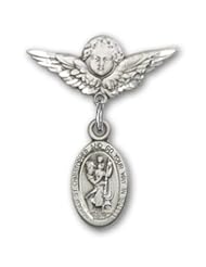 Sterling Silver Baby Badge with St. Christopher Charm and Angel with Wings Badge Pin