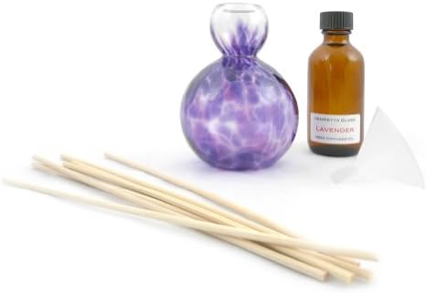 Hand-Blown Art Glass Refillable Reed Diffuser, Purple with Included Lavender Essential Oil Fragrance