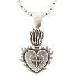 Southwestern Spanish or Mexican Style Flaming Sacred Heart with Cross Pendant in Sterling Silver Crafted by Native American Artist on 20" Oxidized Bead Chain, #7740