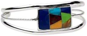 Bracelet, Cuff, Multi-gemstone (Imitation) /Tribal / Silver-plated Bronze, Multicolored, Rectangle Mosaic Design.