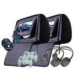 Headrest 7" LCD Car Monitors with Region Free DVD player USB SD Inc. Wireless Headhones and 32 Bit Games (Black, Pair)